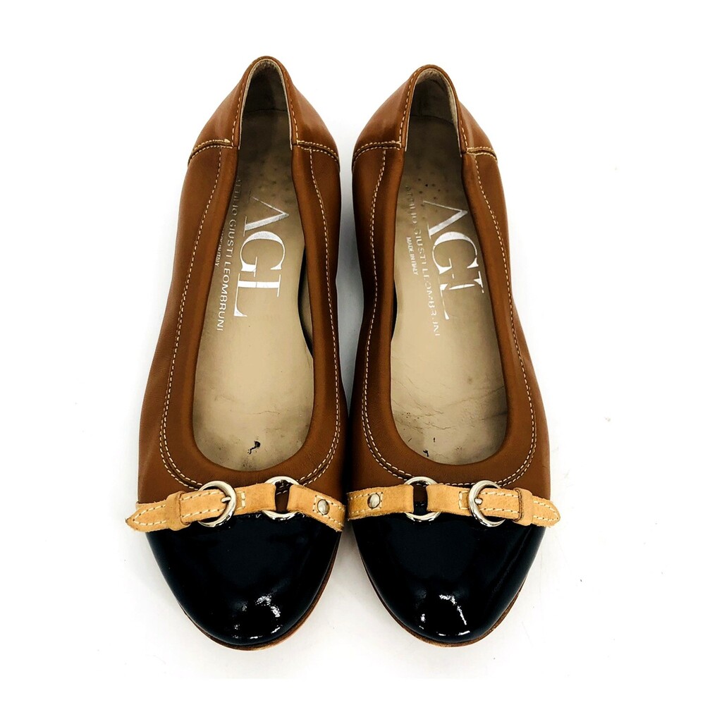 AGL Tan Brown Horse Bit Buckle Ballet Flats Leather Sole Size 37.5 Made in Italy